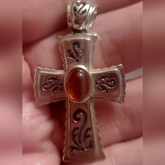 Silver Cross Pendant with Amber Accent